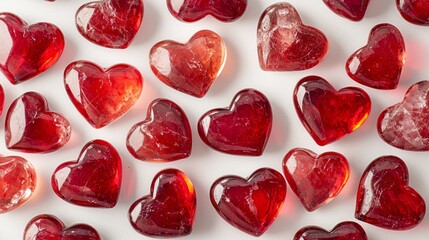 Poster - Delicate red hearts made of translucent material lie scattered on a clean white surface, evoking feelings of love and joy. Ideal for any romantic celebration or sweet occasion