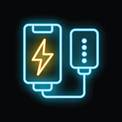 Poster - Neon smartphone charging with battery power bank icon glowing on black background