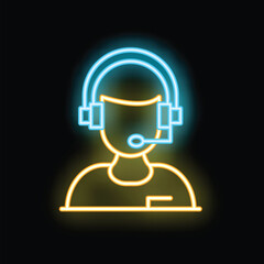 Poster - Neon icon of a customer service representative wearing a headset microphone, glowing on a black background