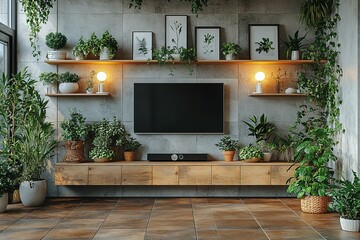Poster - Modern living room with a minimalist media console surrounded by lush greenery and artwork