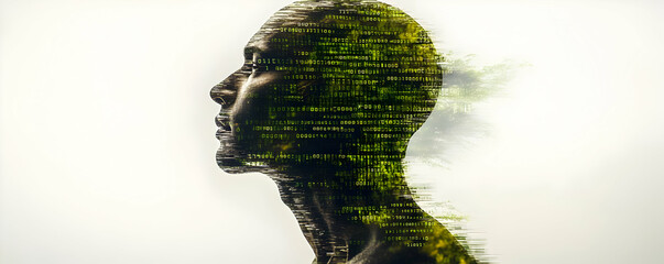 Man, nature, code, profile, digital art, green background