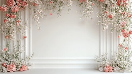 Wall Mural - Maternity backdrop, wedding backdrop, photography background with delicate flowers and white wall