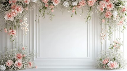 Wall Mural - Maternity backdrop, wedding backdrop, photography background with delicate flowers and white wall