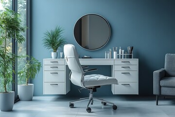 Poster - Modern home office with a white desk chair vanity table and plants
