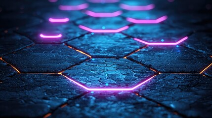 Poster - Neon Lights Illuminate Hexagonal Dark Stone Pavement