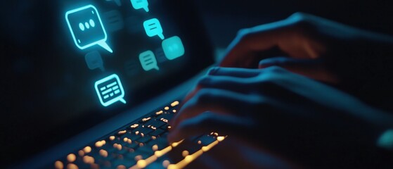laptop, hands typing on keyboard with messaging icons glowing on screen, representing digital commun