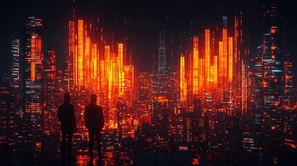 Poster - Glowing Cityscape Futuristic Skyscrapers Illuminate the Night in Dynamic Business Partnership Concept