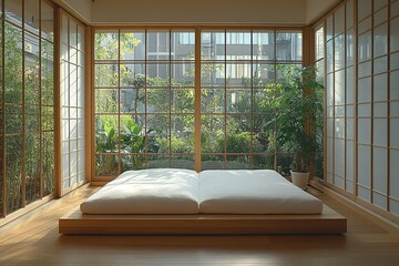 Poster - Serene bedroom with a low platform bed and large windows overlooking a lush garden Sunlight streams in illuminating the peaceful space