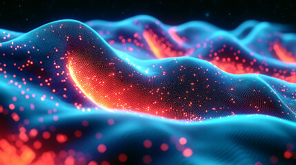 Poster - Abstract digital wave, glowing with vibrant red and blue particles.  Perfect for tech, AI, data visualization, network, or futuristic concepts.