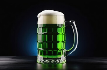 Green beer in a transparent mug for St. Patrick's Day on a dark background