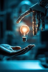Wall Mural - robot hand and human hand exchanging a glowing light bulb symbolizing innovation, technology integra