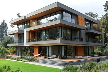 Wall Mural - Modern multi-level home nestled in a lush green landscape featuring expansive windows and balconies