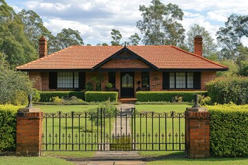 Wall Mural - Brick house with red tile roof black trim and a wrought iron gate Landscaped lawn and hedges surround the property