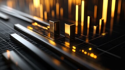 Leinwandbilder - An abstract D bar graph with metal-textured bars on a black grid background, with highlights and shadows creating depth and a high-tech feel