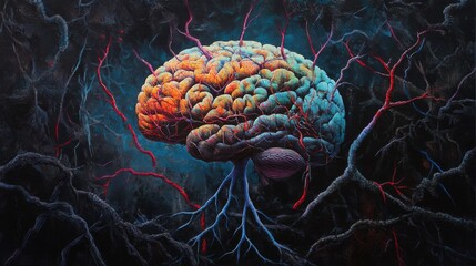 Poster - An artistic illustration of a brain with vibrant, colorful neural pathways branching out, symbolizing creativity and thought processes against a dark background