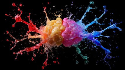 Aufkleber - An artistic illustration of a brain with vibrant, colorful neural pathways branching out, symbolizing creativity and thought processes against a dark background
