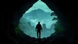© Wilasinee - An adventurer silhouetted against the backdrop of a lush tropical jungle exploring the ancient ruins that lay hidden deep within  The scene evokes a sense of mystery history