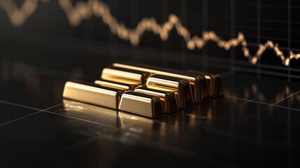 Fototapete - An elegant D bar graph with gold bars on a polished black surface, showcasing a steady rise in value, symbolizing golds stable market position