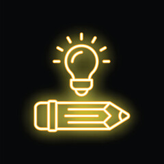 Poster - Neon yellow glowing pencil with a light bulb above representing the concept of a new idea