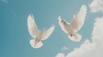 Poster - An enchanting shot of two doves in flight against a bright blue sky, their wings spread wide, symbolizing freedom and unity in nature