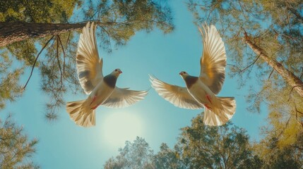 Poster - An enchanting shot of two doves in flight against a bright blue sky, their wings spread wide, symbolizing freedom and unity in nature