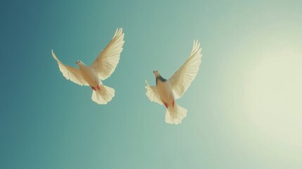 Poster - An enchanting shot of two doves in flight against a bright blue sky, their wings spread wide, symbolizing freedom and unity in nature