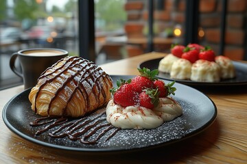 Wall Mural - A delightful pastry plate featuring a chocolate-drizzled croissant and a strawberry cream dessert