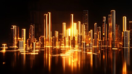 Poster - A D bar chart with gold bars of different heights on a reflective black surface, symbolizing rising gold prices, with bright lighting effects