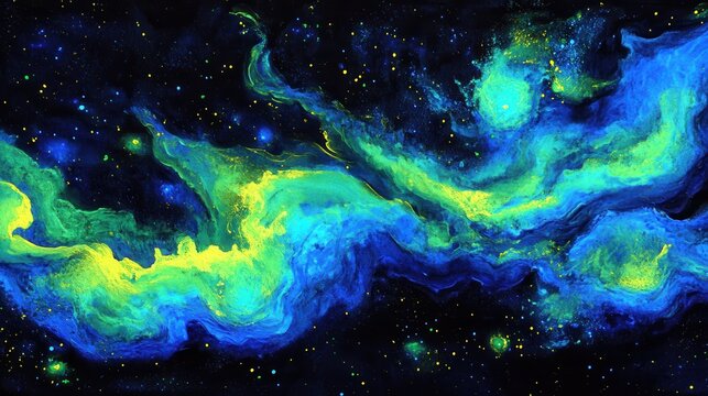 An abstract design of neon green and blue glowing waves set against a black background, blending subtle yellow accents