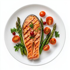 Wall Mural - Grilled salmon, asparagus, tomato, recipe, food photography, white background, healthy meal, restaurant