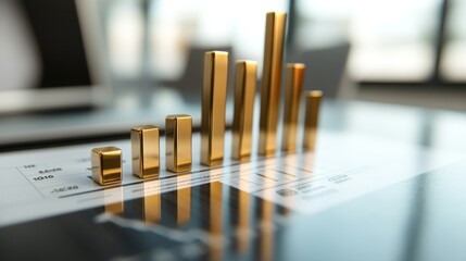 Leinwandbilder - A D bar graph with gold and silver bars illustrating financial performance, displayed on a reflective surface with soft shadows for a luxurious look