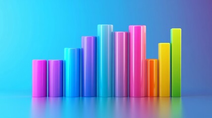 Poster - A D bar graph with vibrant, semi-transparent bars of varying heights on a gradient blue background, with reflections adding a sleek, polished effect
