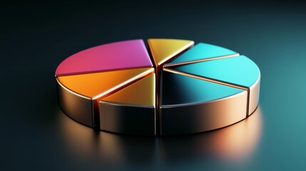 Aufkleber - A D financial pie chart with metallic segments, casting shadows on a dark background, creating a modern, professional data visualization