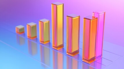 Poster - A D bar graph with vibrant, semi-transparent bars of varying heights on a gradient blue background, with reflections adding a sleek, polished effect