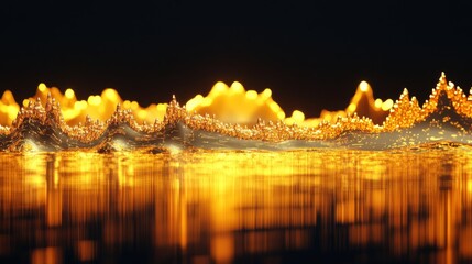 Poster - A D gold line chart with peaks and valleys, symbolizing fluctuations, set on a reflective surface with shining highlights for a luxury investment feel