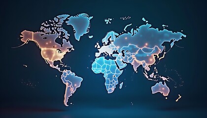a glowing world map illustration with interconnected lines on a dark blue background