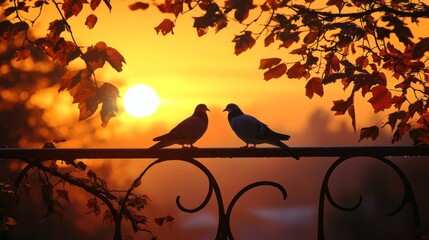 Poster - A beautiful image of a pair of doves perched on a railing at sunset, their silhouettes framed by the warm colors of the evening sky, creating a romantic scene