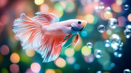 Poster - A betta fish swirling gracefully in an aquarium, with colorful bubbles rising around it, capturing the elegance and fluidity of its movements