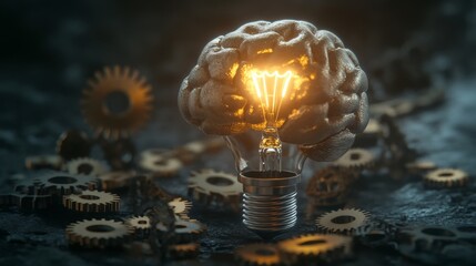Poster - A brain-shaped light bulb surrounded by gears and cogs, symbolizing ideas and innovation, against a subtle textured background