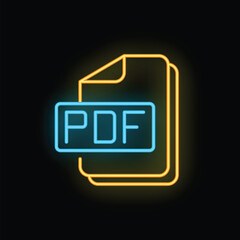 Poster - Neon pdf file icon glowing on a dark background, representing digital documents and online reading