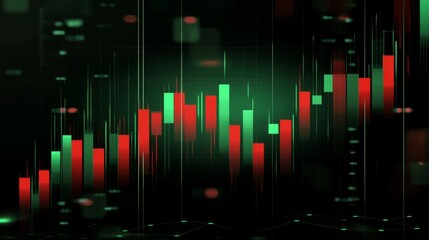 Poster - A candlestick chart with green and red bars on a dark digital grid, showcasing financial market trends with clear, sharp lines and labels
