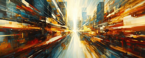 Poster - A vibrant, abstract cityscape with dynamic colors and motion, evoking a sense of speed and energy in an urban environment.