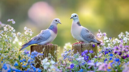 Poster - A captivating image of two doves resting on a rustic wooden fence post, surrounded by wildflowers, highlighting the beauty of their habitat