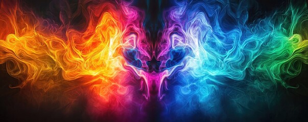 Poster - A vibrant, abstract digital artwork featuring colorful smoke patterns merging in a symmetrical design against a dark background.