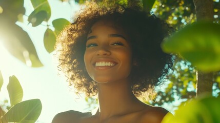 Aufkleber - A cheerful woman with curly hair surrounded by greenery, showcasing her vibrant personality and connection to nature in a sunny outdoor setting