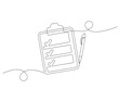 © NVLvibes - Clipboard and checklist with pen in One continuous line drawing. Symbol of to do list for business or schedule. Clipboard in simple linear style. Editable stroke. Doodle line illustration