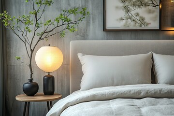 Poster - Serene bedroom setting with minimalist decor featuring a table lamp vase and a neatly made bed