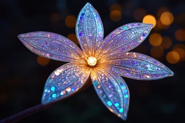 Fantasy-inspired artificial flowers with crystal petals, vibrant colors, fairy tale style, glowing edges, soft light. , closes up