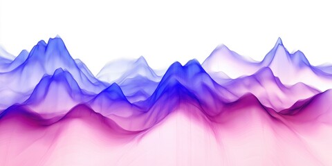 Poster - Vibrant abstract representation of mountains with flowing waves in shades of purple and pink against a white background, creating a serene and artistic atmosphere.