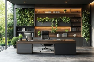 Poster - Modern office design with integrated greenery and a sleek desk setup Natural light and plant life create a calming workspace